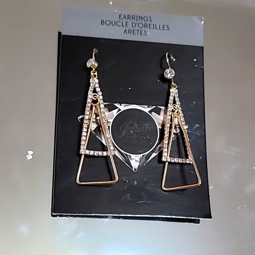 NWT woman's earrings dangling triangles with stones clear rubber backing